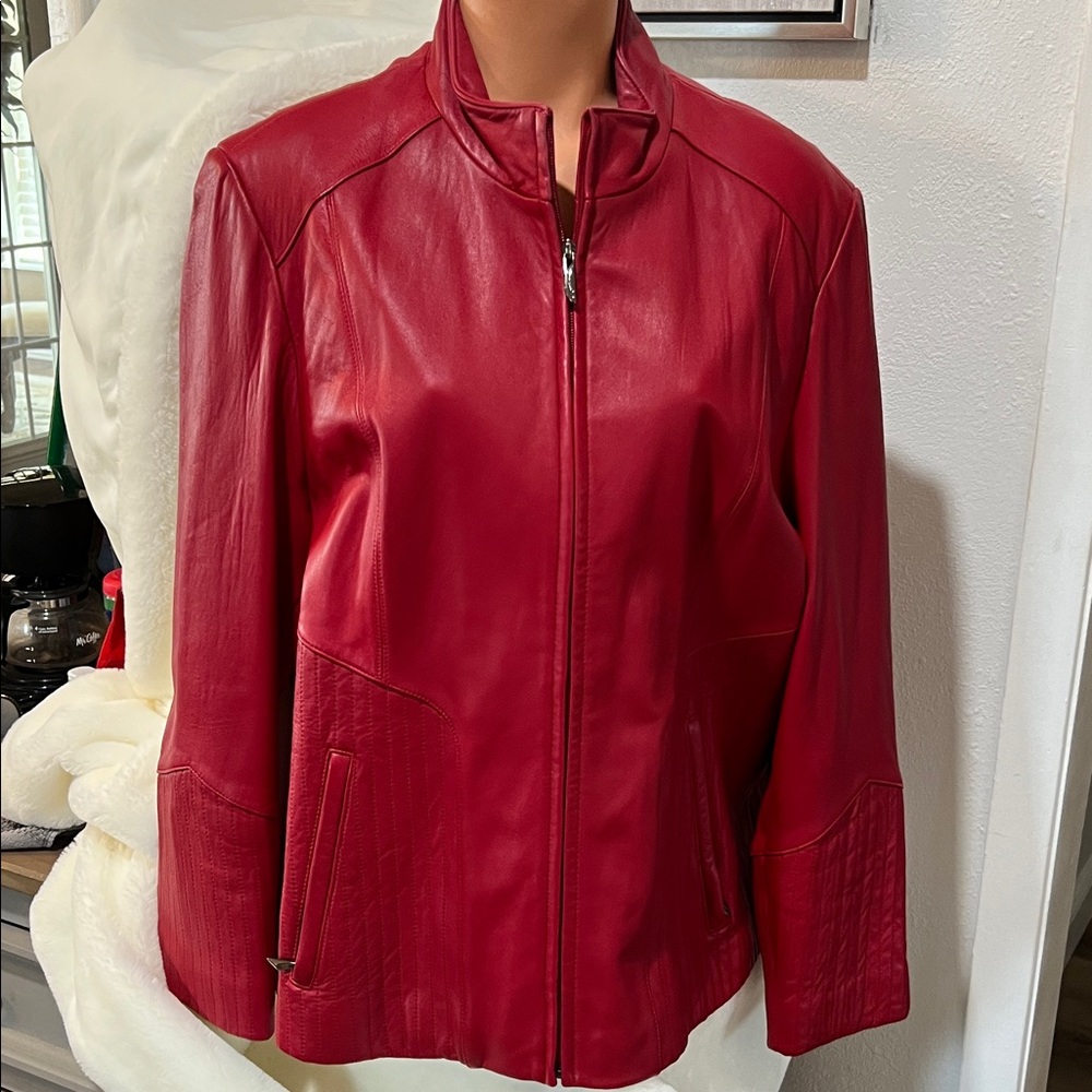 Women's Red Leather Zip-Front Jacket